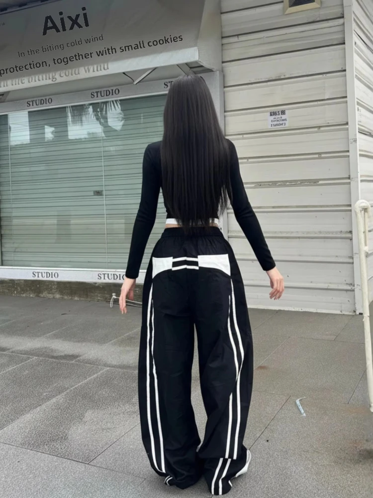 Deeptown White Striped Pants Women Black Patchwork Wide Leg American Retro Parachute Pants Baggy Casual Jogging Trousers Street