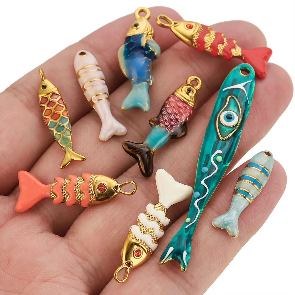 1/2개 스테인리스 스틸 에나멜 물고기 참 18K 금 도금 오션 펜던트 DIY 여성용 귀걸이 목걸이 쥬얼리 제작 용품