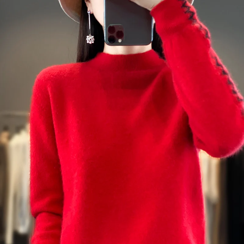 2023 Autumn Winter New 100% Merino Wool Women Half High Collar Sweater Knitted Pullover Long Sleeve Casual Top Clothes M-8138