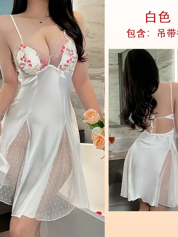 فستان نسائي غير منتظم من الحرير الجليدي ، حمالة عارية الظهر ، دانتيل مرقع ، شاش مطرز ، نقطة موجة ، ملابس مثيرة ، C331