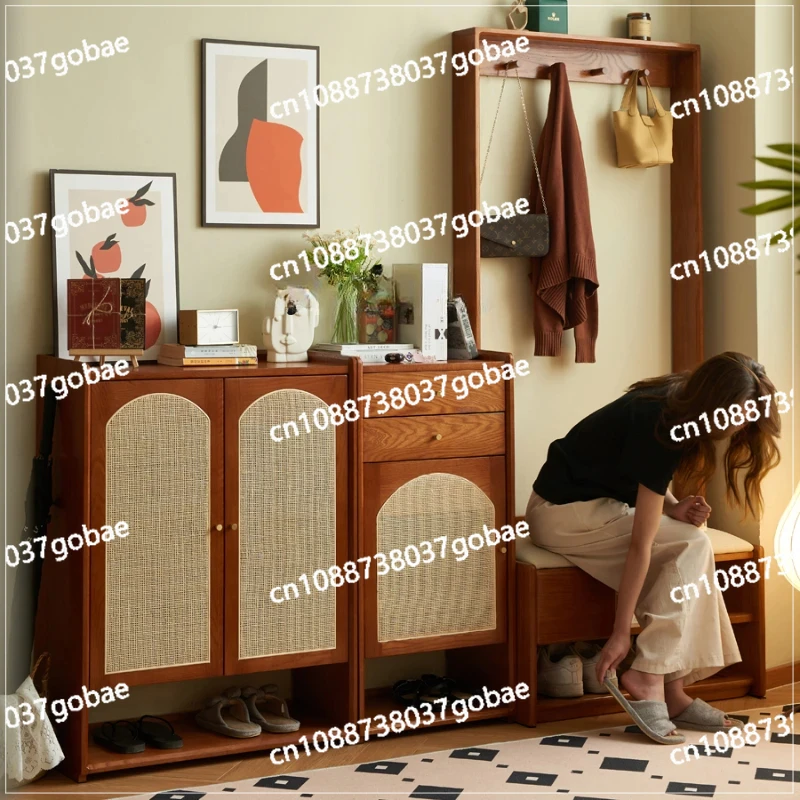 ZC retro solid wood rattan shoe cabinet door household home integration coat hook against the wall storage