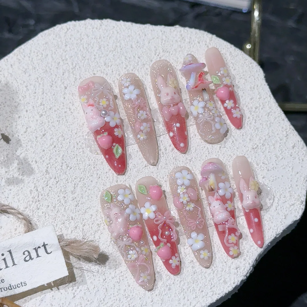 

10 шт., ручная работа, накладные ногти, 3D милые розовые цветы кролика, дизайн, накладные ногти, носимые, многоразовые, милые, длинные, овальные, накладные ногти