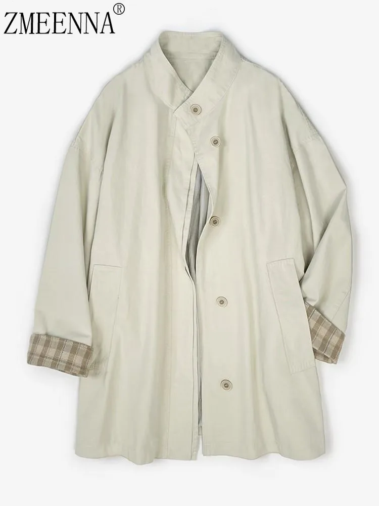 

ZMEENNA женский легкий бежевый плащ с воротником-стойкой, однобортный дождевик в клетку с контрастными манжетами, ZM4269