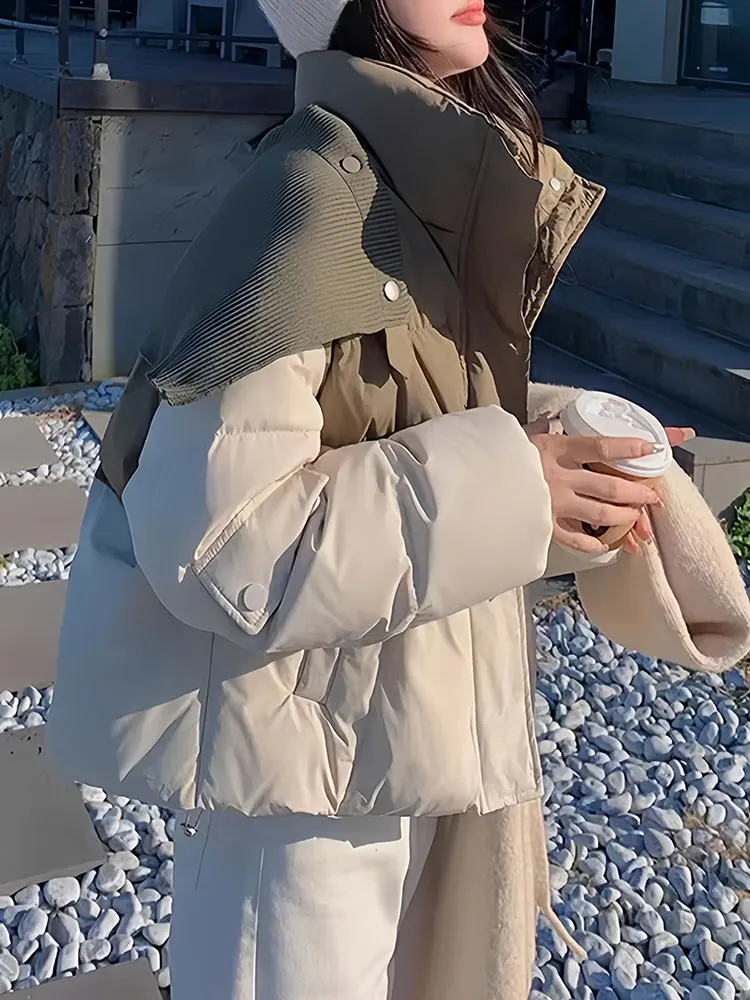 

Модная утепленная хлопковая куртка с цветовыми блоками для женщин, новинка зимы 2026, с оригинальным дизайном, пуховик-пальто, верхняя одежда