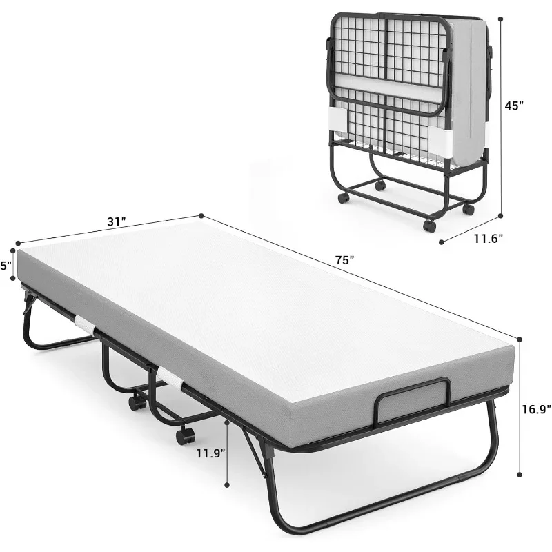 Folding Bed with Mattress, Portable Foldable Bed with Storage Cover, Rollaway Bed for Adults with Memory Foam Mattress