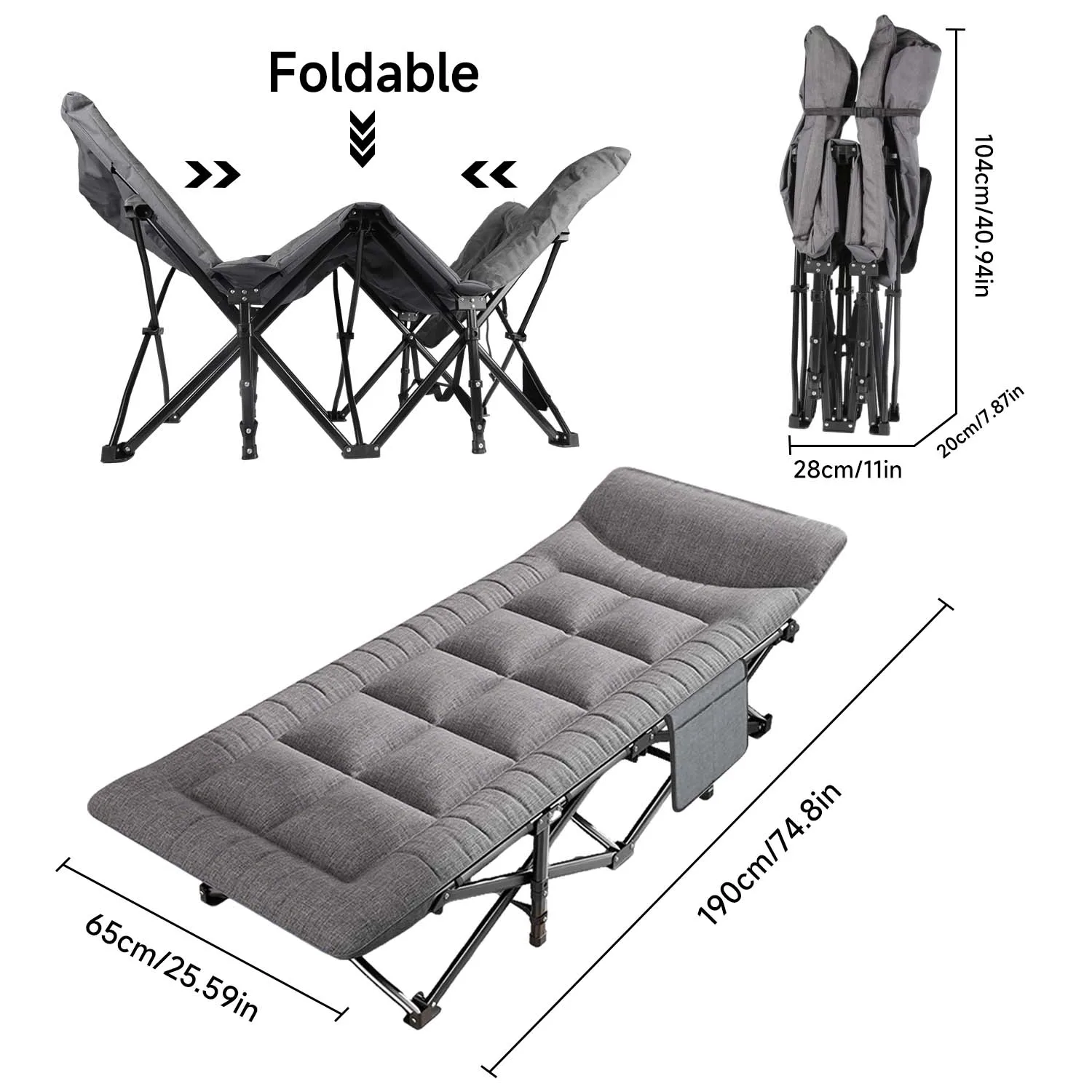 سرير قابل للطي مقاس 190 × 65 سم من قماش أكسفورد خفيف الوزن ومحمول للتخييم مع وسادة للتنزه في الهواء الطلق وحقيبة الظهر والسفر #2