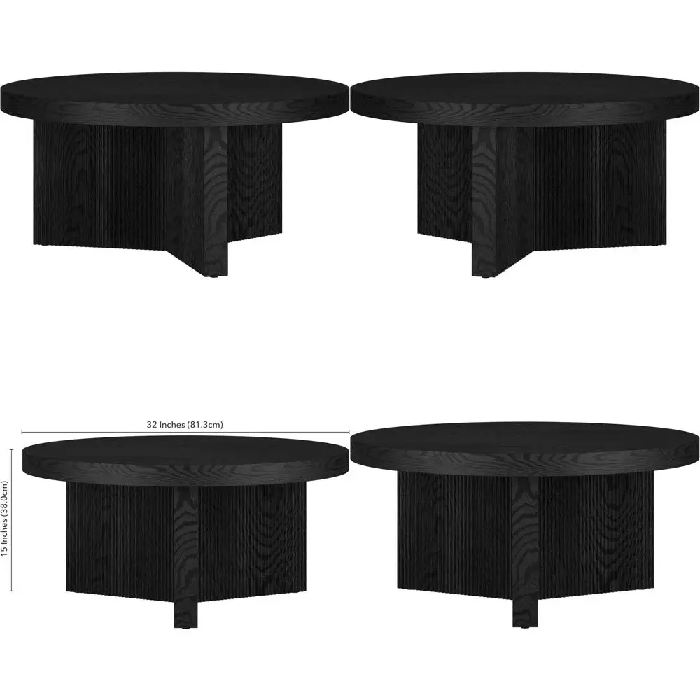 

32-дюймовый круглый рифленый деревянный журнальный столик для гостиной, семейной комнаты, офиса и квартиры — низкопрофильный дизайн, черный зернистый плавник