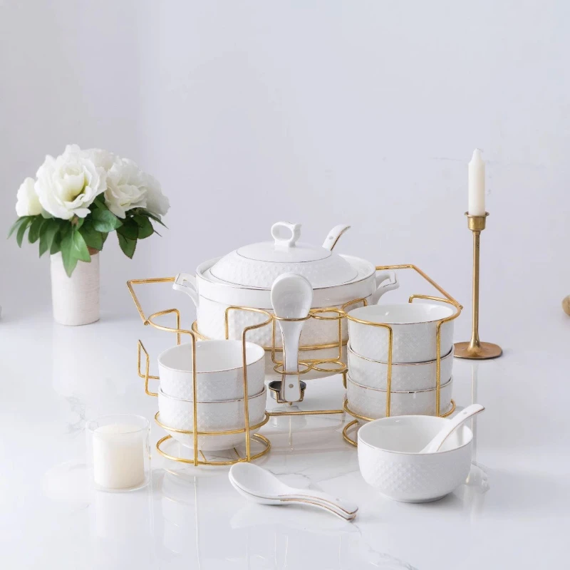

White relief Phnom Penh soup pot set with lid Export relief gold-painted ceramic soup pot