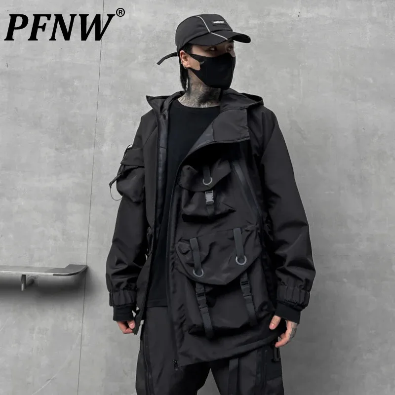 

PFNW Dark Style Male Jackets Big Pocket Zippers Hooded Ribbons Solid Color Loose Men's Coats Autumn Personality Autumn 12C437