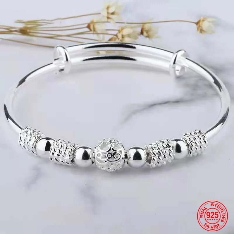 

925 Sterling Silver Bell Adjustable Bracelet Bangle For Women Fashion Jewelry