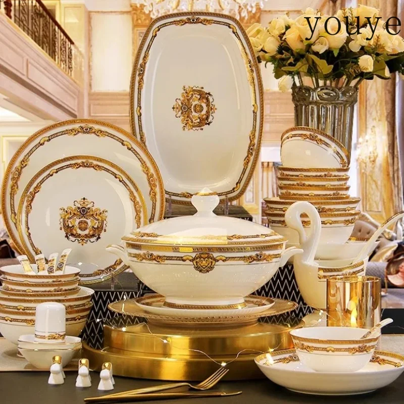 

X29 New European Gold Luxury Tableware Designer Wedding Party Fine Bone China Dinnerware Sets Christmas Restaurant Vaisselle Dis