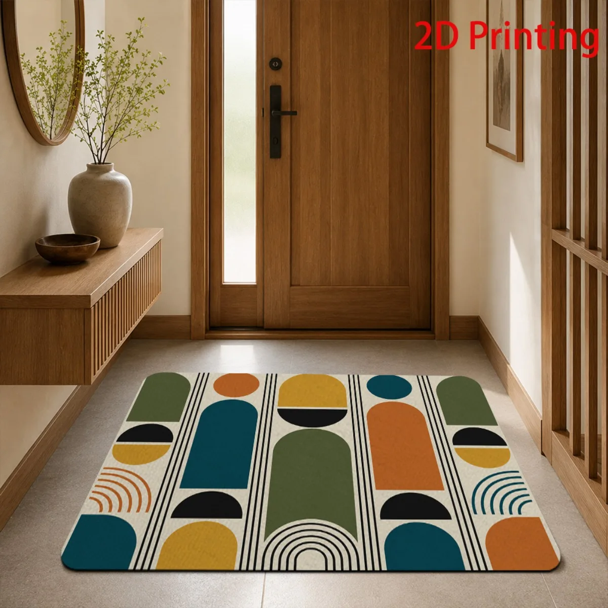 Boho Geometric Entrance Doormat  Mid Century Arch and Rainbow Abstract Pattern Graphic Rug Retro Modern Entry Decor Mat