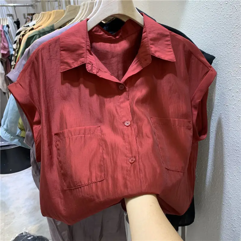 New Pocket Patchwork Loose Blouse Summer Short Sleeve Polo Neck Solid Color Elegant Shirt Tops Fashion Casual Women Clothing