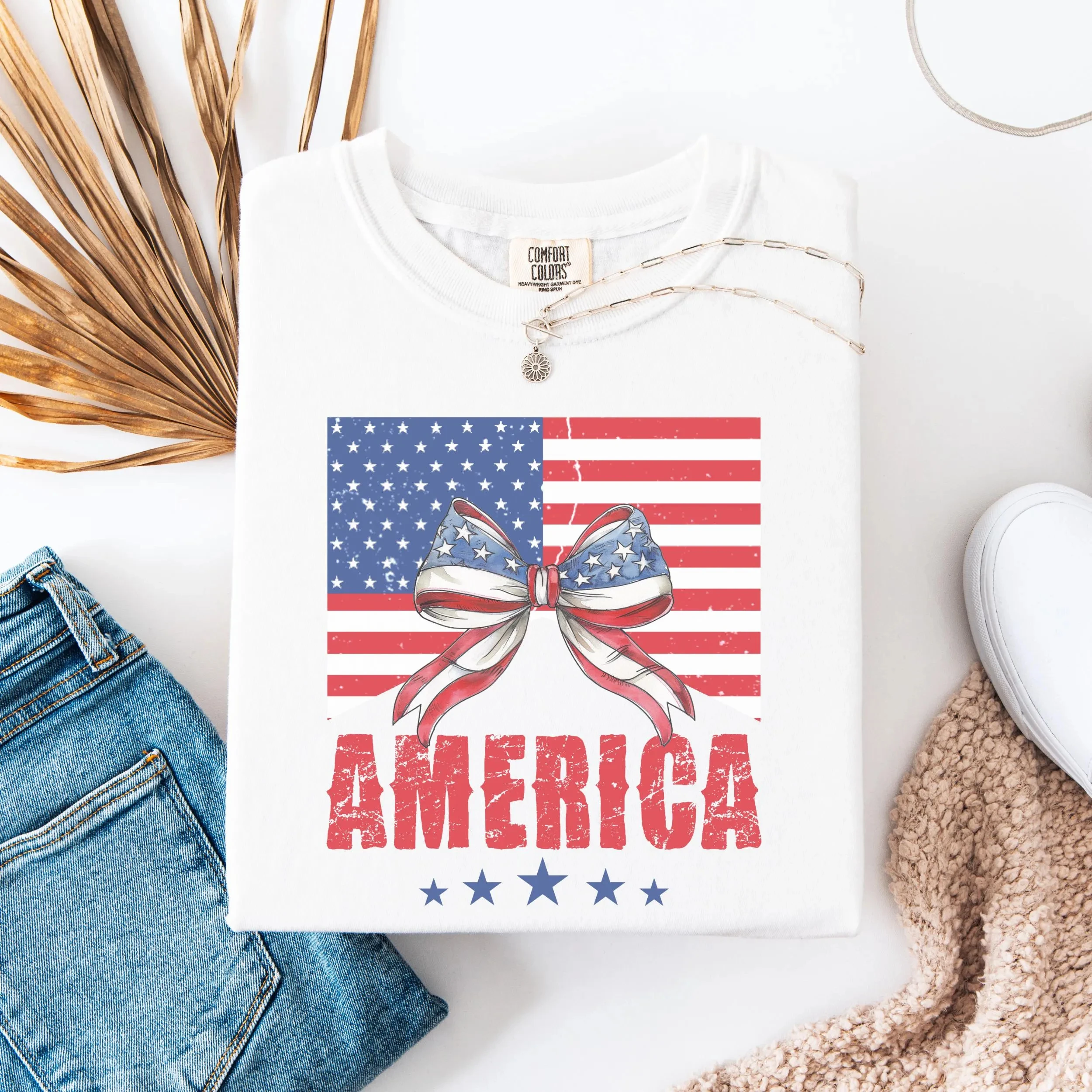 4th من يوليو Coquette القوس قميص العلم الأمريكي الولايات المتحدة الأمريكية المحملة الراحة الوطنية الألوان أعلى أحمر أبيض أزرق المرأة يوم الاستقلال تي شيرت