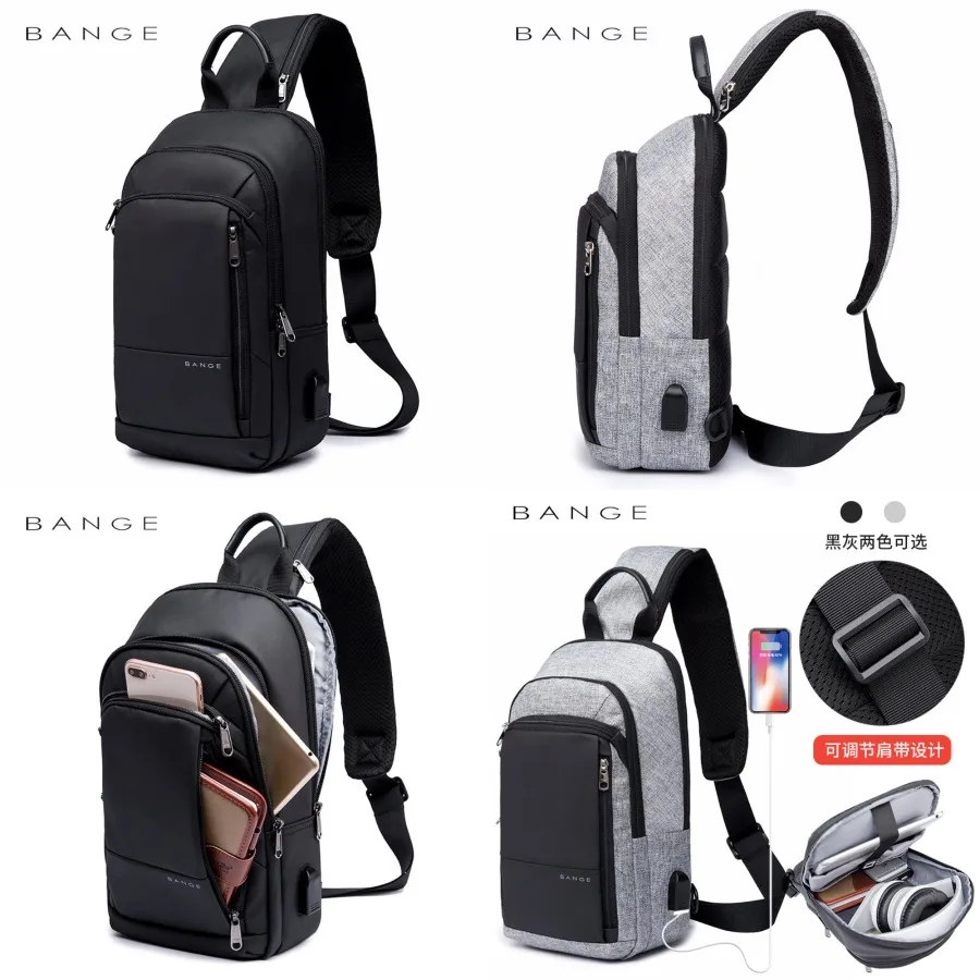 

【Новый стиль】Мужская нагрудная сумка BANGE Bangge нового стиля, деловой рюкзак с возможностью зарядки, модная нагрудная сумка, водонепроницаемая ткань Оксфорд.