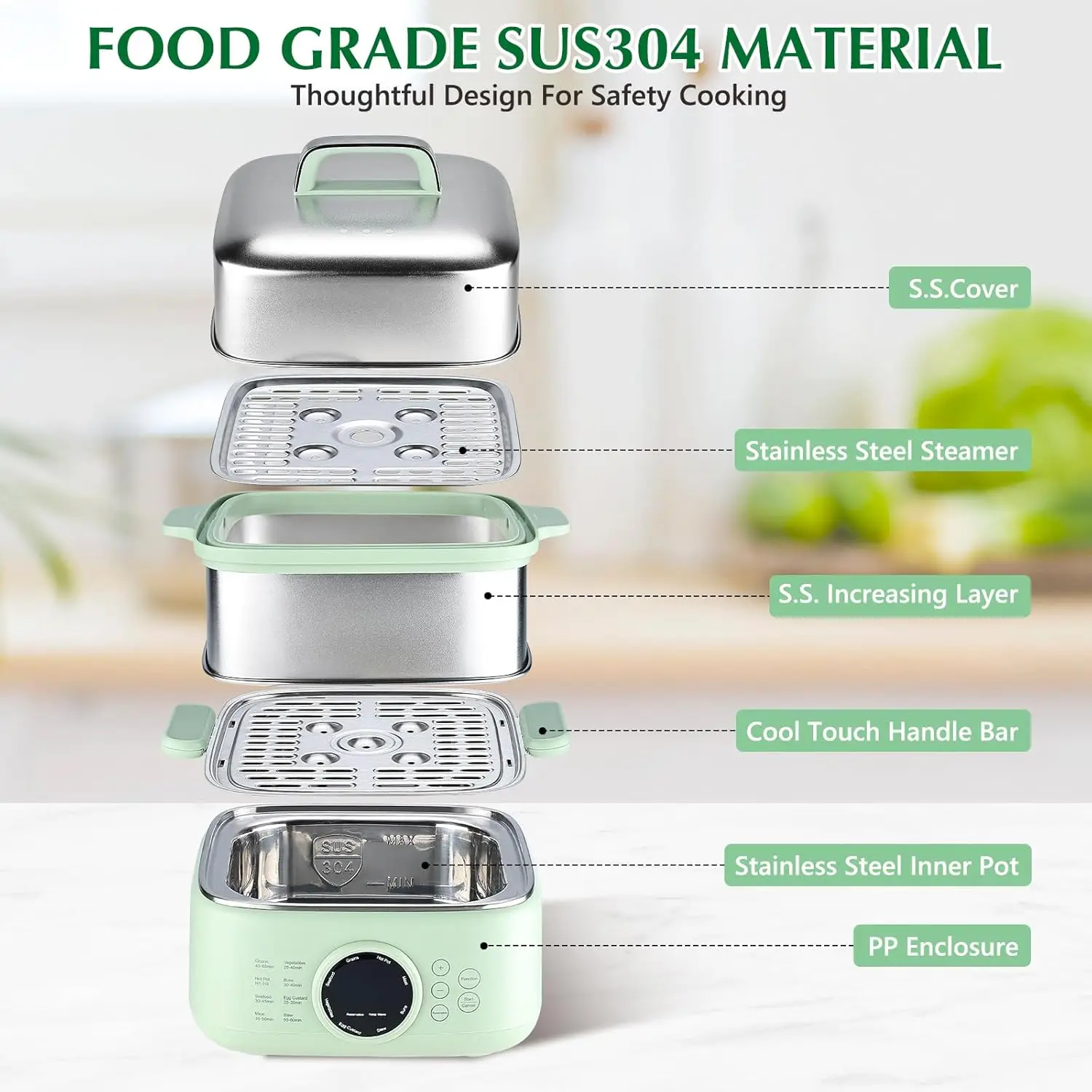 Food Steamer, 9.3L 2-Tier Digital Steamers for Cooking with 24H Booking & 6H Auto Warming, 8 Modes Fast Heating Vegetab