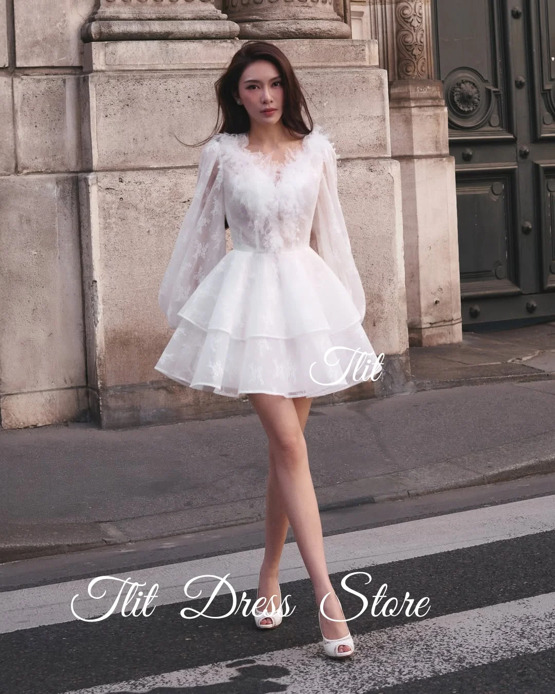 TLIT Elegant White Organza Short A-Line Evening Dress V-Neck Prom Gowns Tiered Feather Long Sleeve Customized vestidos de fiesta