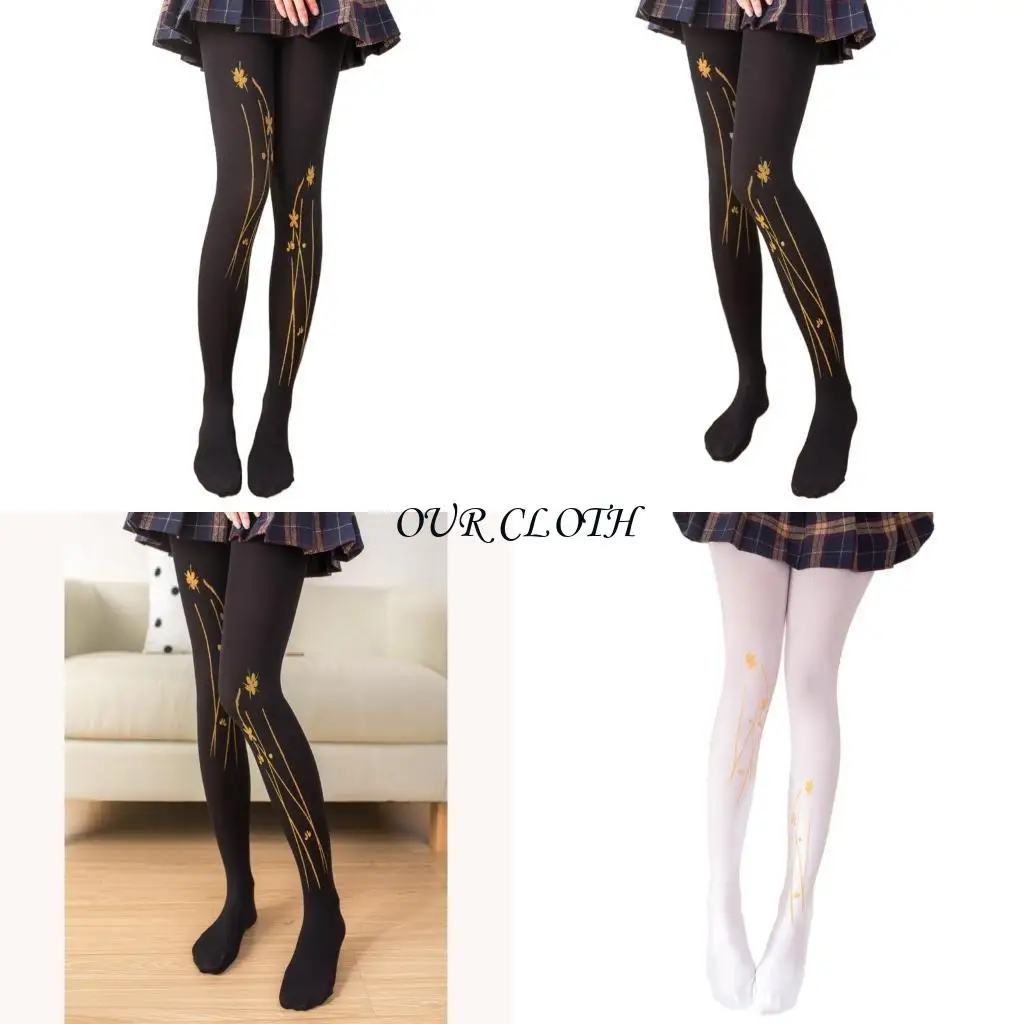 Women's Gold Flower High Waist Pantyhose Tights 120D,Soft Opaque Tights Control Top Pantyhose Thigh High Stockings Y1AC