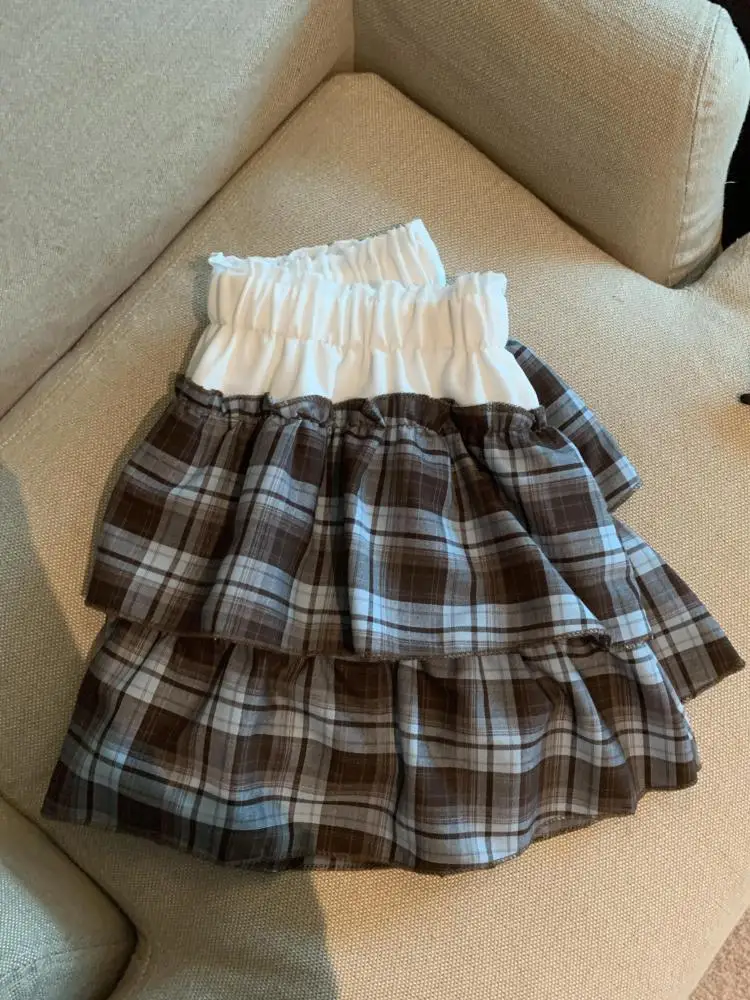 

Vintage Women Brown Plaid Patchwork Sexy Club Pleated Mini Skirts Summer High Waist Vacation Party Slim Short Skirt Streetwear