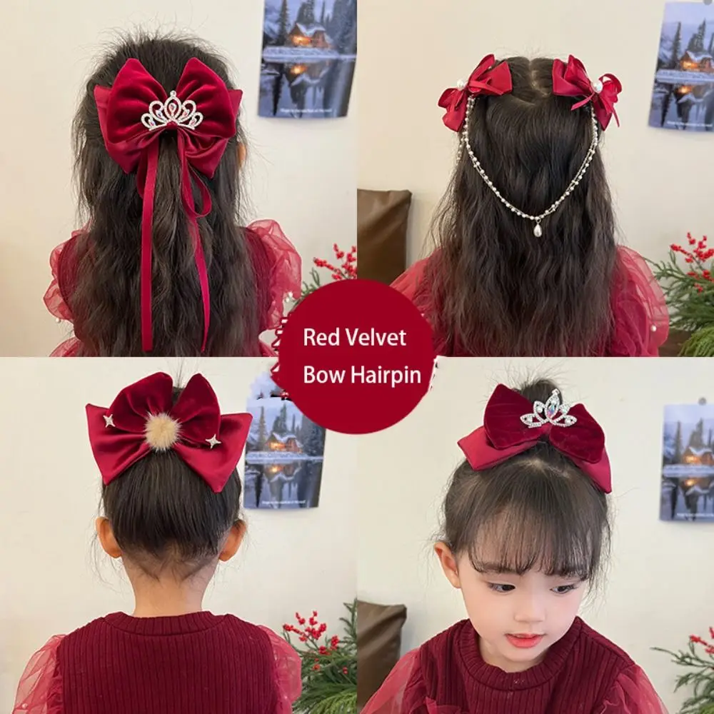 Plush Children Red Velvet Bow Hairpin Cloth Pearl Chinese New Year Headwear Tang Suit Hair Clip Crystal Crown