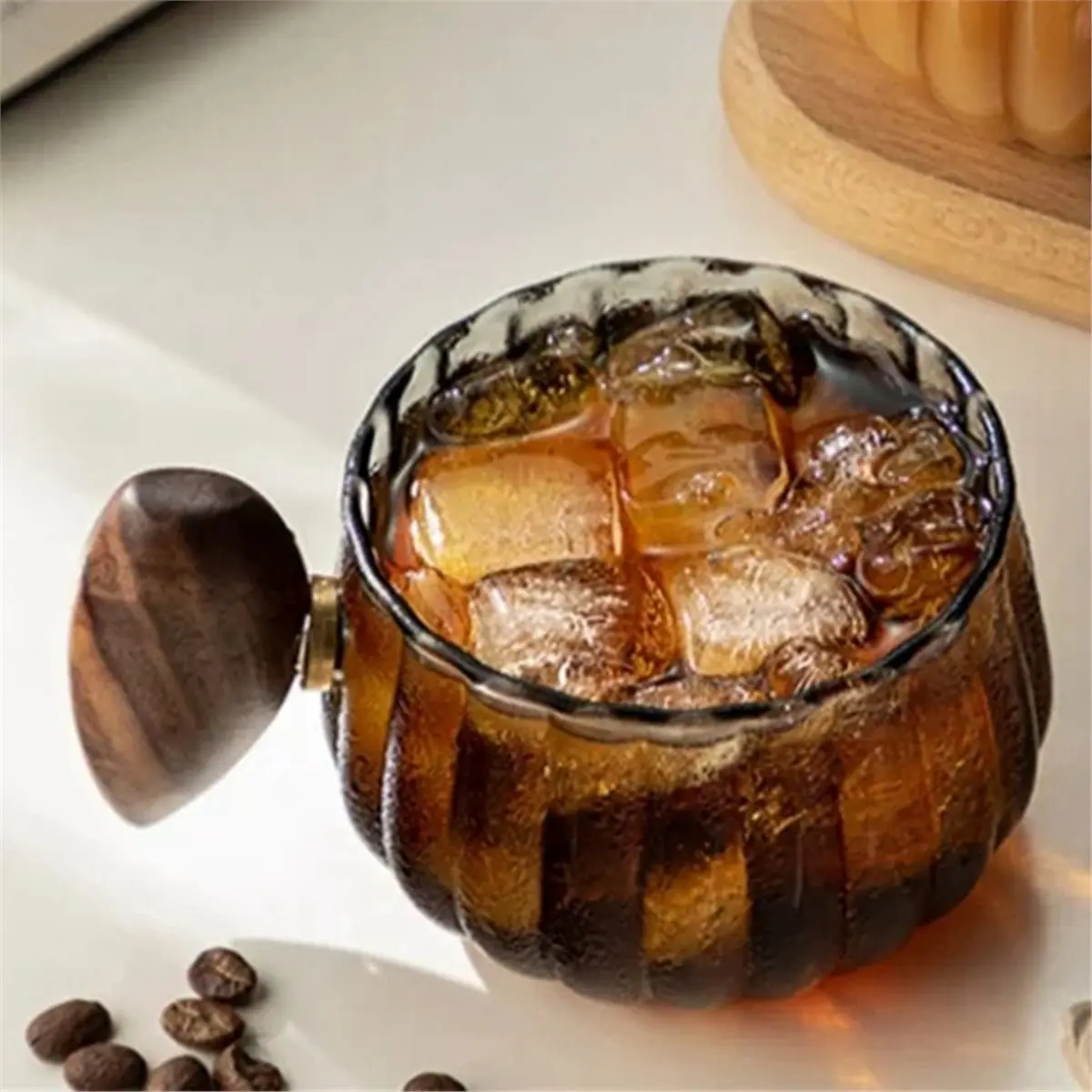 Stripe Heat- High Silicon Glass Coffee Mug with Wooden Handle Ice American Latte Cup Milk Tea Cup