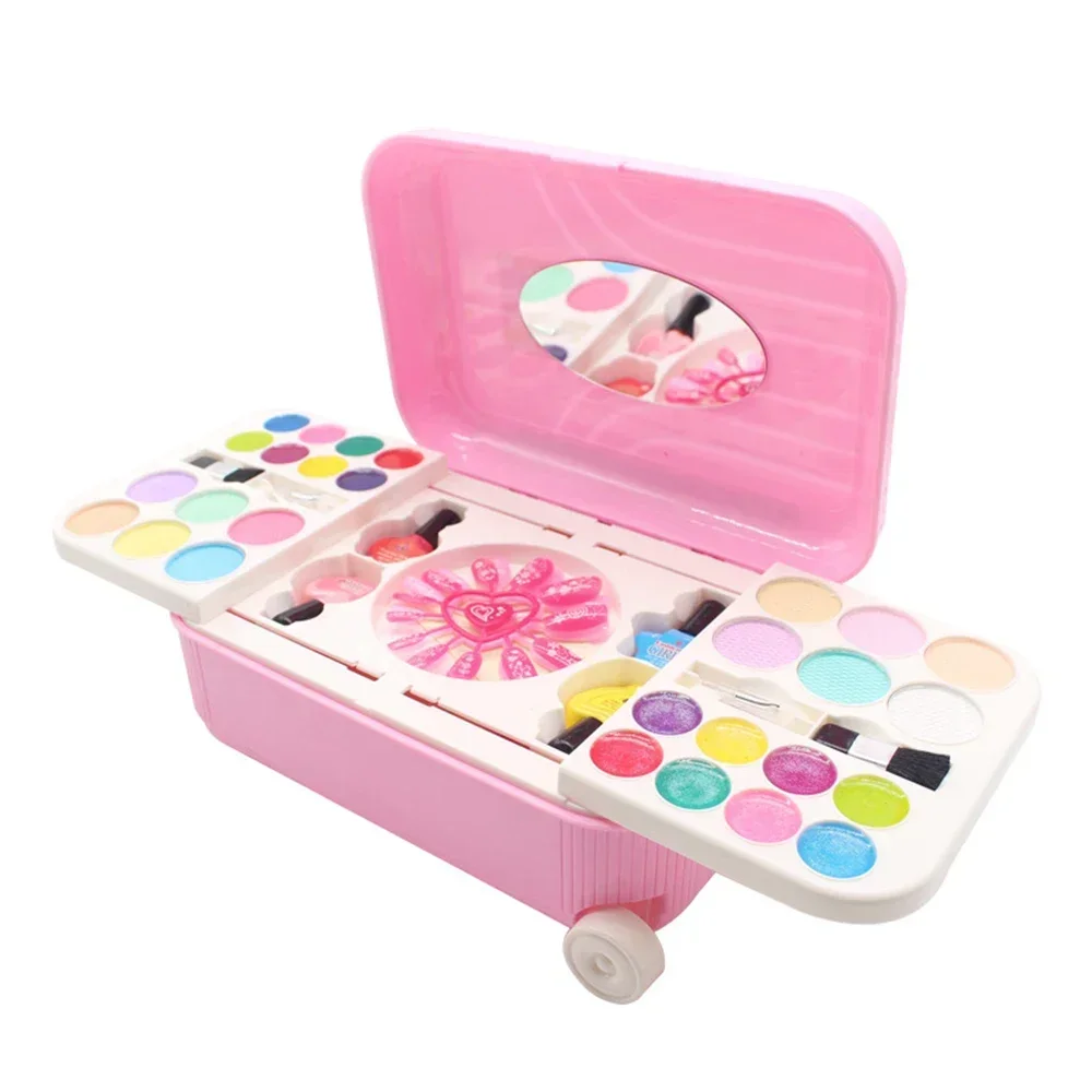 Kids Pretend Play Make Up Toy Set Princess Pink Makeup Beauty Safety Non-Toxic Kit Toys Girls Dressing Cosmetic Slide Travel Box