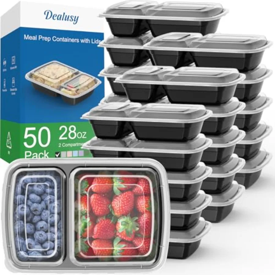 

50 Pack 100-Piece 28 oz Meal Prep Containers Reusable with Lids 2-Compartment, Sturdy Leakproof Food Safe, Microwave Freezer Di