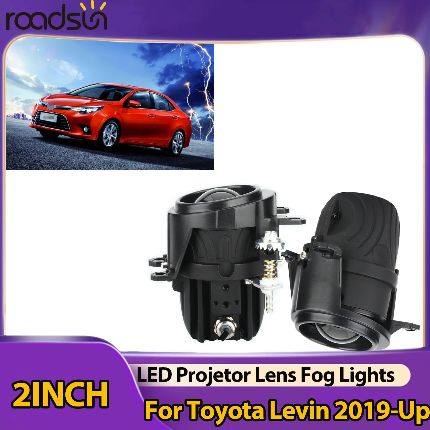 ROADSUN 2.0 Inch Bi-LED Projector Fog Lights with brackets 3 Color High Low Beam Super Bright Fog lamp For Toyota Levin 2019-Up