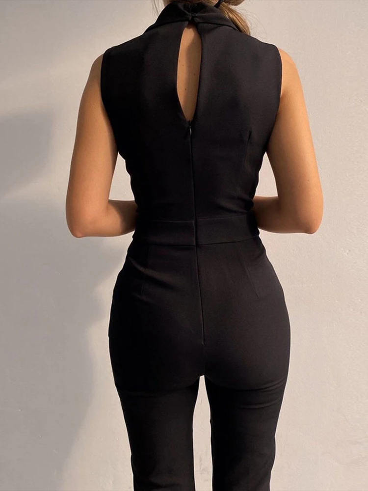 Sexy Schwarz Elegante Ladise Büro Bodycon Overall Mode V-ausschnitt Tasche Taste Spitze-Up Body Für Frauen Sommer Casual overalls