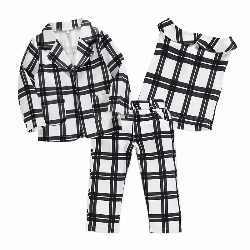 3pcs/set Kids Children Girl Clothing Outfits Plaid Long Sleeve Blazer+Vest+Pants Autumn 2022 Baby Girls Clothes Suits Young 1-6Y