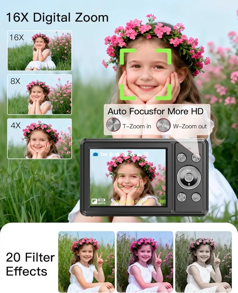 كاميرا رقمية، كاميرا FHD 1080P Point and Shoot مع بطاقة SD سعة 32 جيجابايت، بطاريتين، تكبير 16X، مضادة للاهتزاز، مدمجة للطلاب
