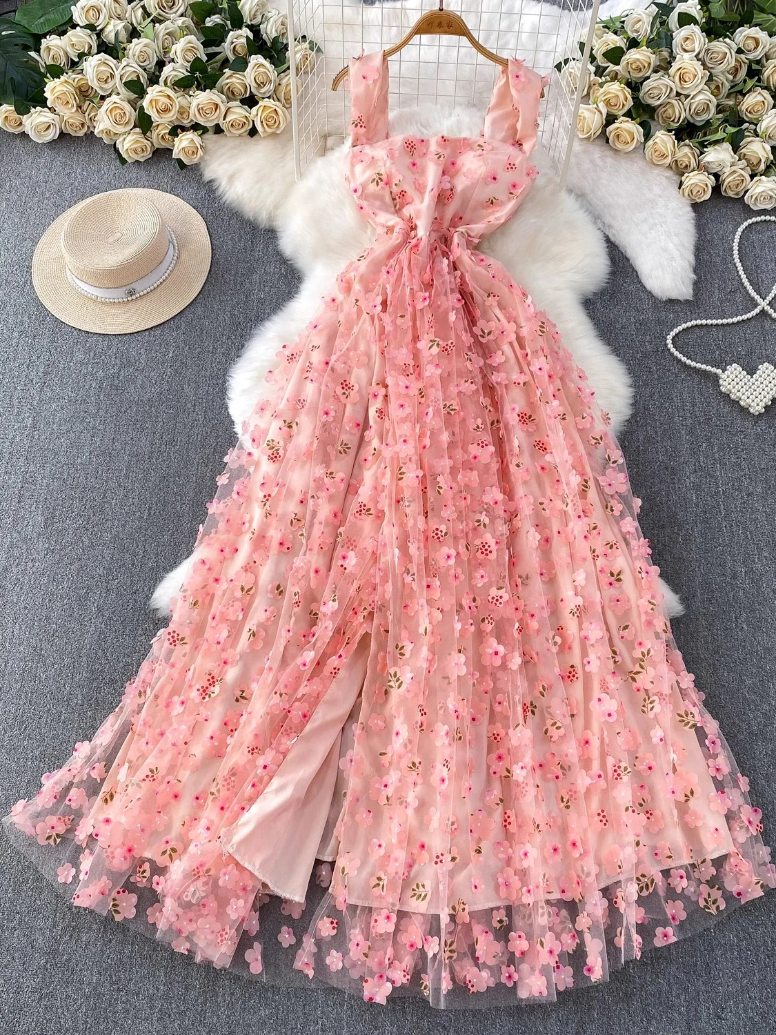 Rosa/Lila/Blau Floral besticktes langes Kleid Damen Elegantes Party-Hochzeitsgastkleid 2026 Frühling Sommer Vintage Maxikleid Neu