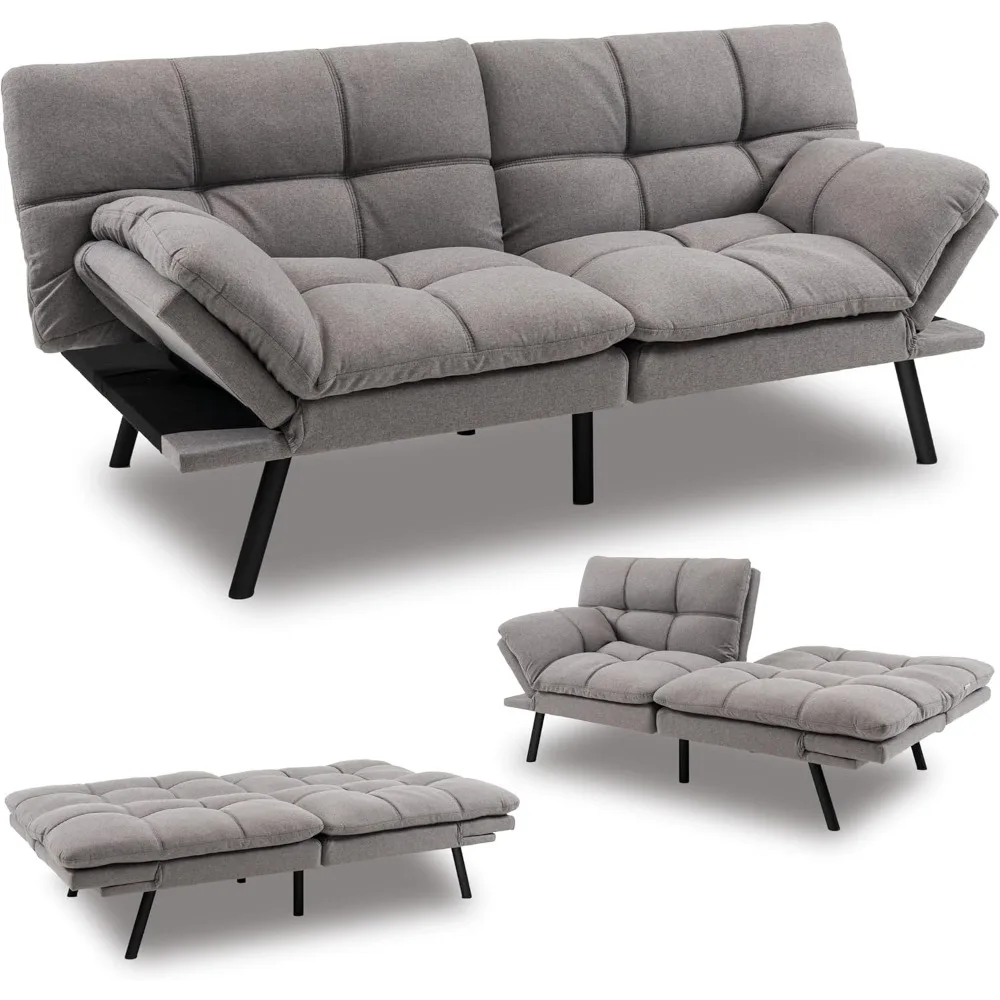 

Futon Sofa Bed, Linen Fabric Memory Foam Convertible Futon Couch with Adjustable Backrest & Armrests, Metal Legs, Modern Lovese