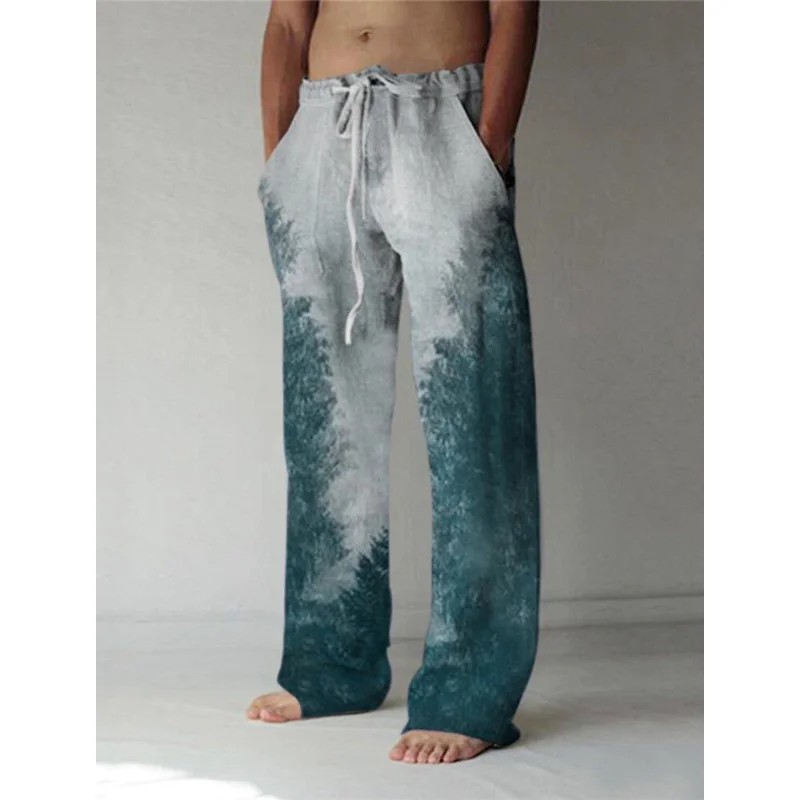 

Men's summer pants, loose beach pants, elastic drawstring design, ink 3D printing, casual vacation, fashionable street pants