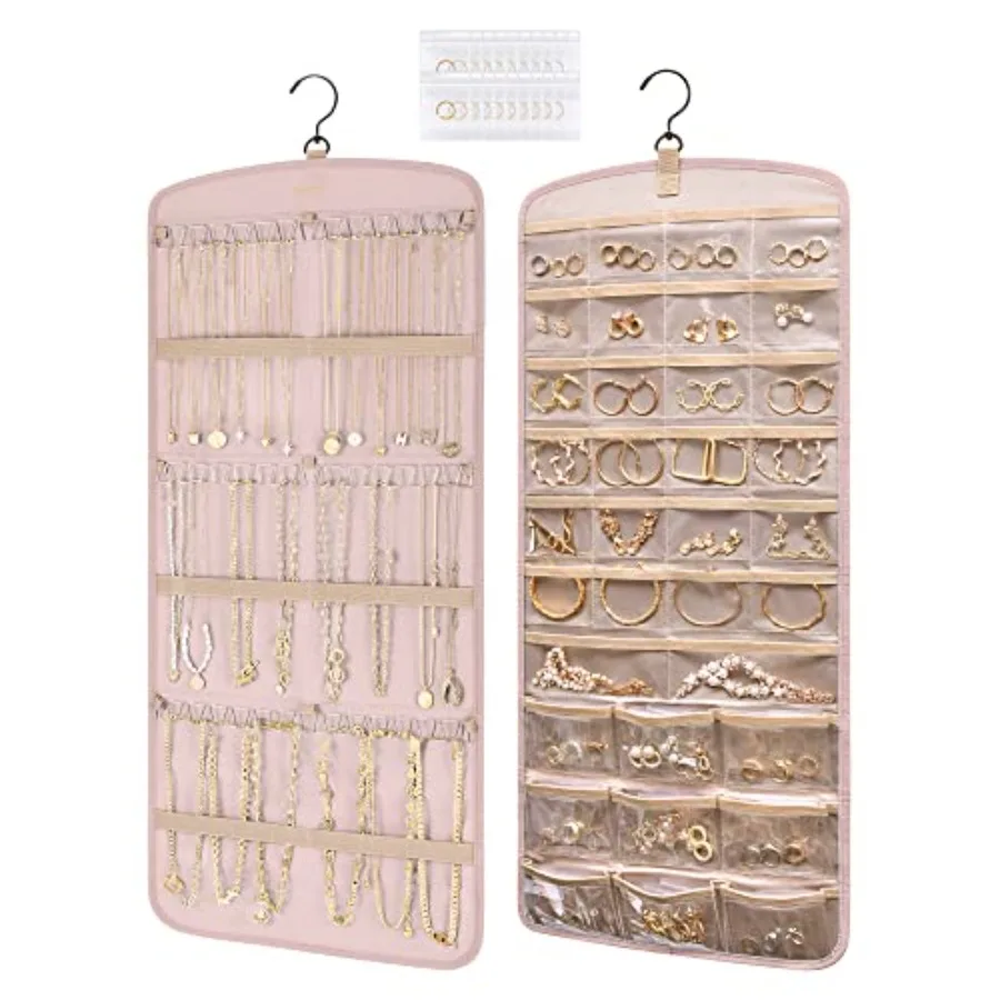 

Подвесной органайзер для украшений: держатель для ожерелий, подставка для серег и колец с защитой от спутывания, 20 мешочков для украшений, дорожный рулонный органайзер с карманами