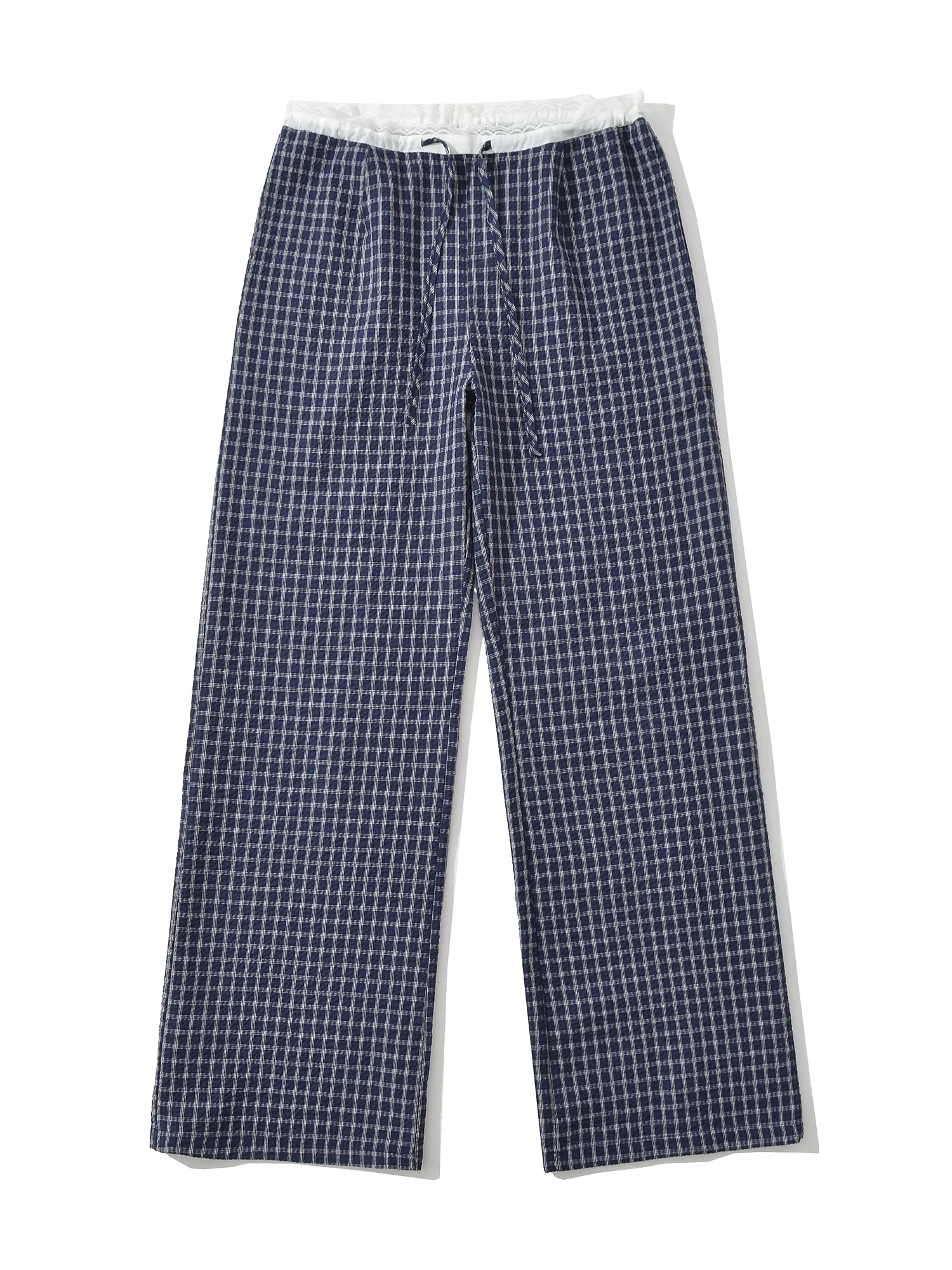 American Retro Plaid Splicing Color Blo Low Waist Casual Pants Women Loose Slimming Versatile Dstring Straight Leg Long ...