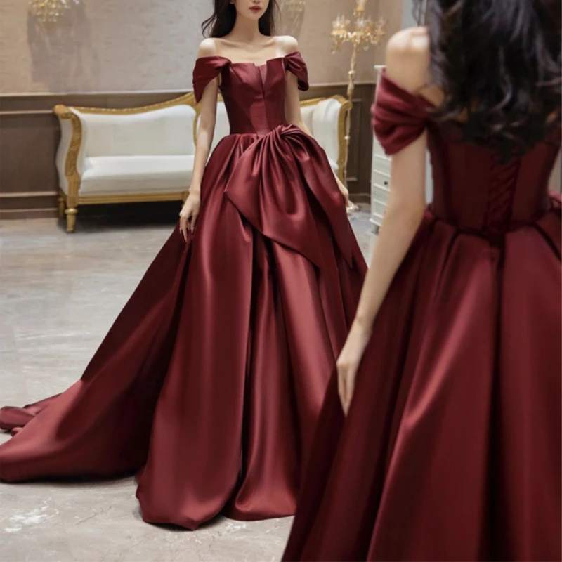 Customized Fashion High End Slash Neck Big Swing Wedding Party Dresses Exquisite Satin A-line Tailing Gown Front Bow Back Straps