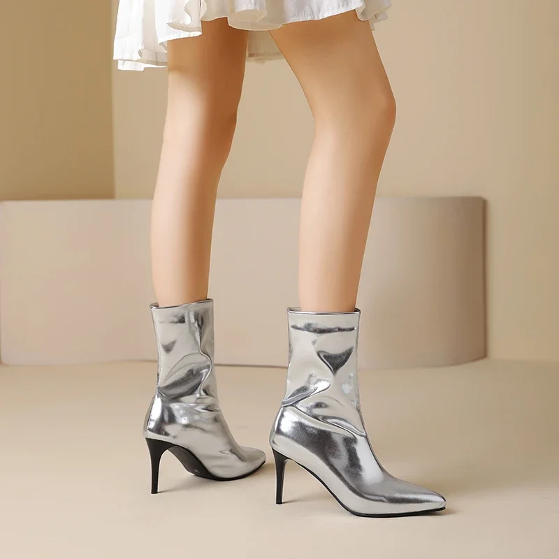 Shiny Silver Gold Pleated Ankle Boots Women High Stiletto Heels Concise Pointed Toe Slip-on Dress Party Plush Short Slouch Boots