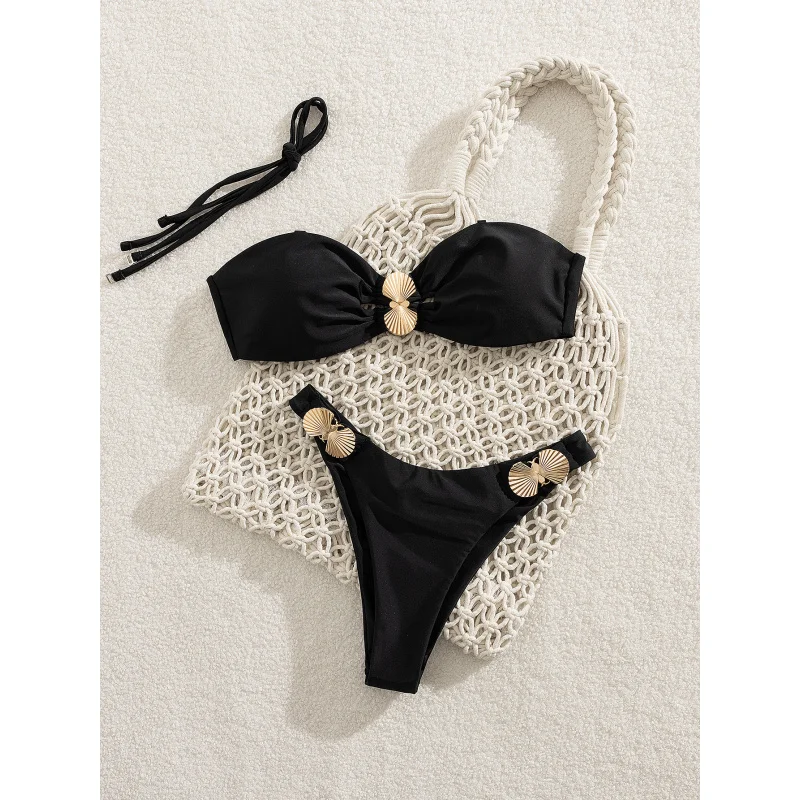 

New Soft Bag Solid Color Metal Shell Decorated Halter Neck Lace-Up Elegant Party Bikini Set