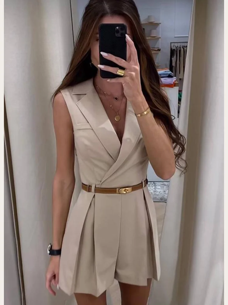 Office Ladies Elegant Jumpsuit Fashion Sleeveless Suit Collar Slim Short Playsuits Female 2024 Sping Summer Romper With Belt