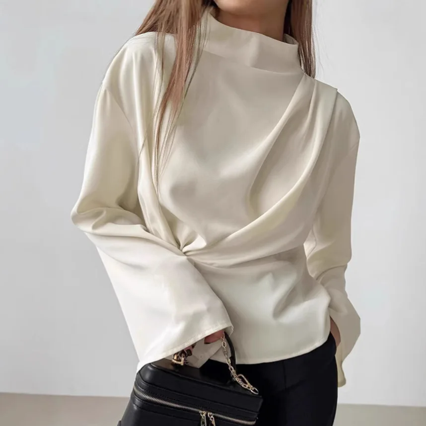 

Beige Autumn Women Chiffon Shirt Stand Collar Ruffled Flare Sleeve Pullover Lady Blouse Minimalist Korean-style Shirt For Female