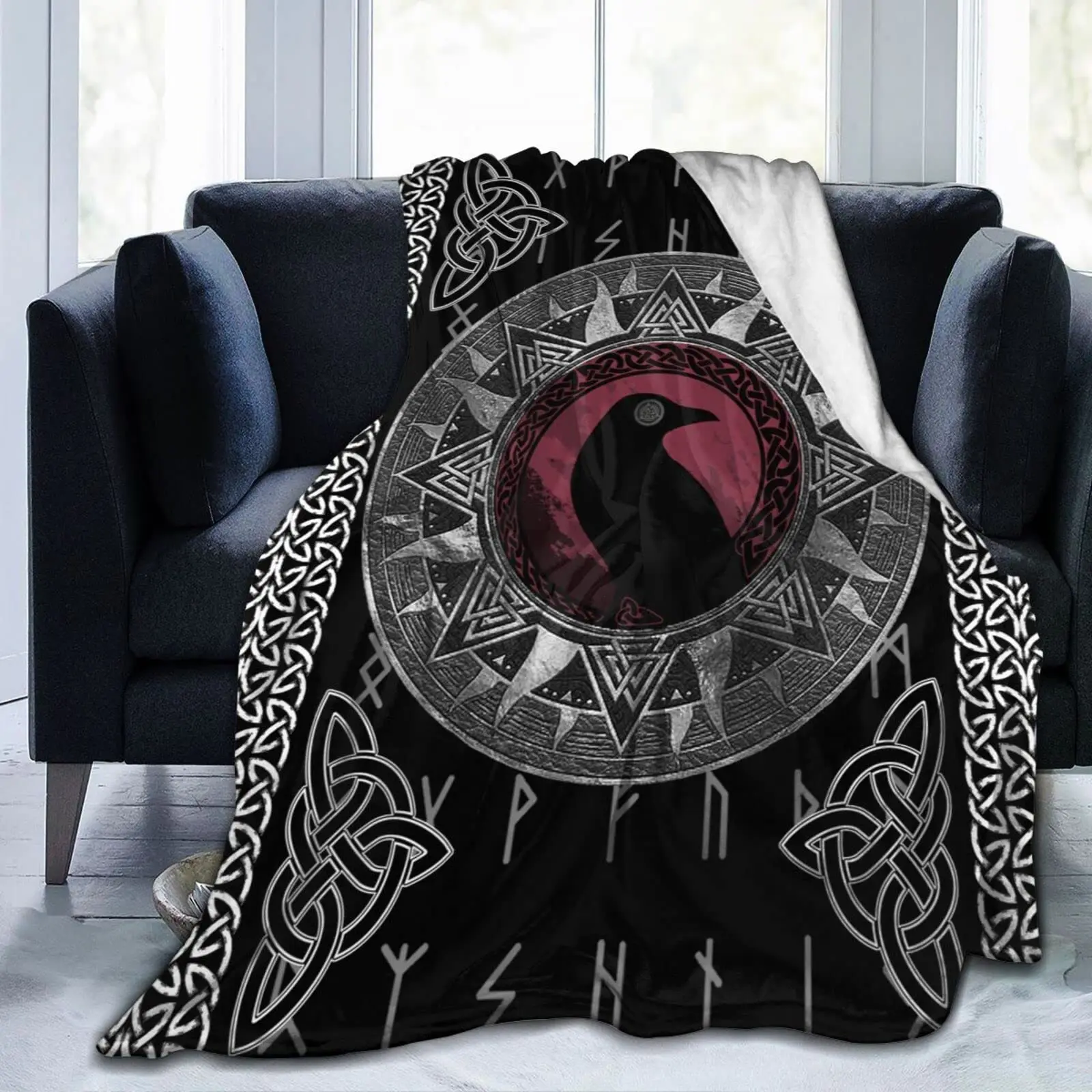 

Throw Blanket for Couch Viking Red and Black Crow Super Soft Cozy Micro Fleece Blanket Novelty Fluffy Bed Plush Lightweight Warm