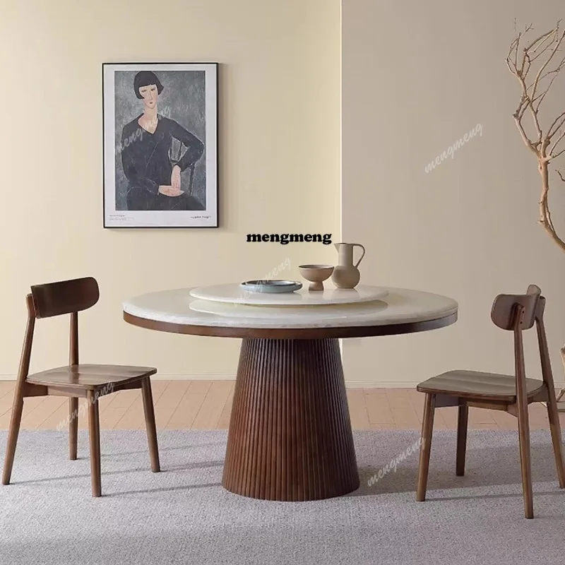 

Natural marble dining table and chairs with turntable solid wood household large round table