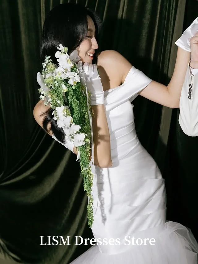 LISM 오프 숄더 머메이드 한국 웨딩 드레스 실크 Tulle Long 맞춤형 요정 신부 가운 웨딩드레스 사진 촬영 코르셋