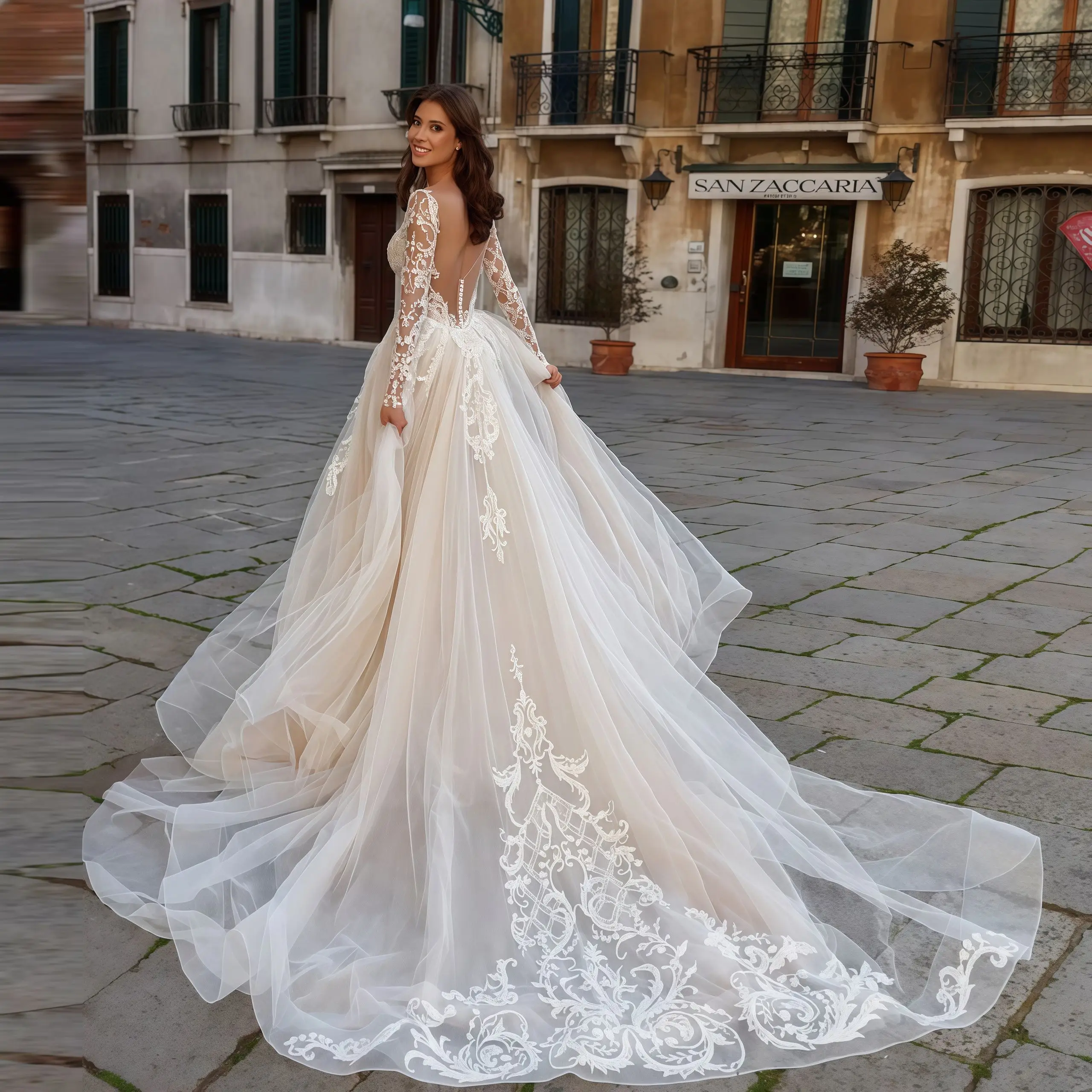 カスタマイズされた絶妙なブライダルドレス、マーメイドスタイル、取り外し可能な2in1ウェディングドレス、ネットにレースをあしらったOネック、フルスリーブ、ベスティード・デ・ノビア