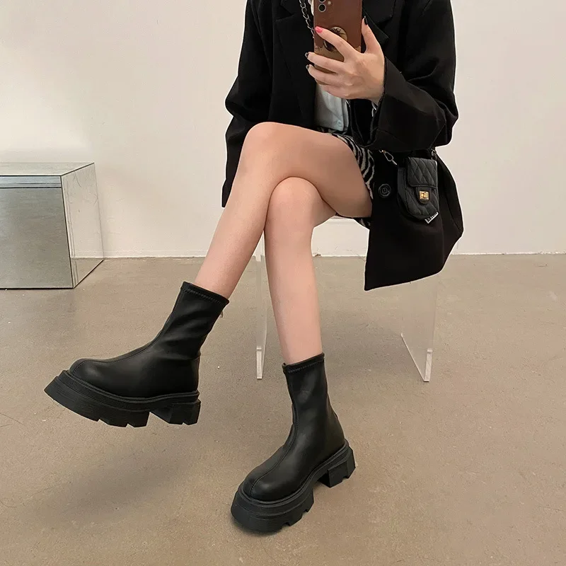 Ankle Boots for Women Black Soft Pu Leather Autumn Spring Ladies Thick Sole Botines Casual Female Platform Short Botas De Mujer