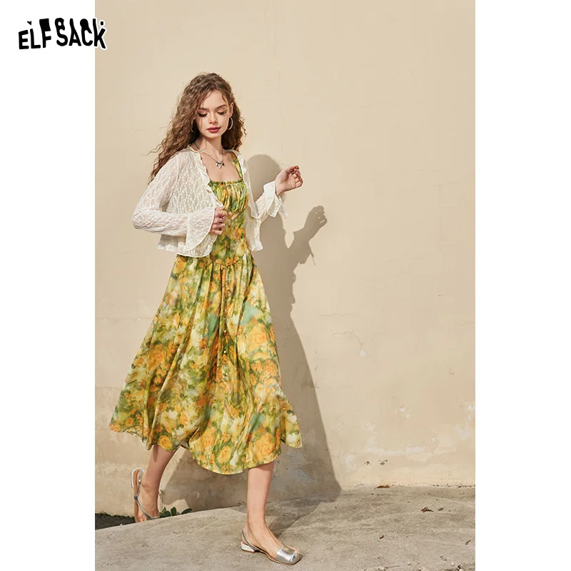 ELFSACK French retro oil painting printed camisole dress with waistband, light and sexy summer vacation dress