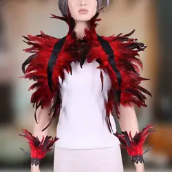 1 Set Fake Collar with Wrist Ring Gothic Style Feather Shawl Imitation Feather Hollow Out Lace Halloween Cosplay Shoulder Scarf