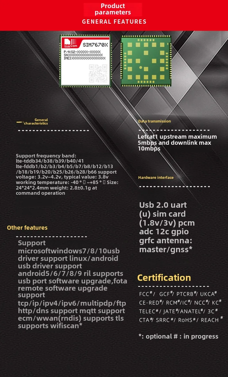 Modulo di comunicazione SIMCOM 4G IoT SIM7670G Posizionamento GPS globale CAT1 Basso consumo energetico