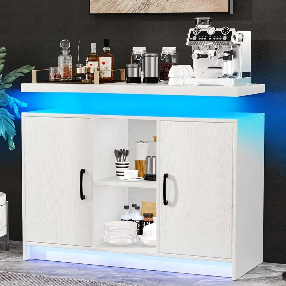 Kaffee-Barschrank mit LED-Leuchten und Stauraum, Sideboard-Buffetschrank mit Ladestation, Weiß